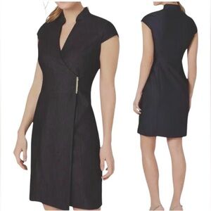 Calvin Klein | 8 | Black Dress Wrap Coat V Neck Cap Sleeve Midi Clasp Closure